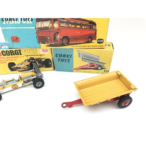 282 - A Boxed Corgi Midland Motorway Express Coach #1120. A Cooper-Maserati F/1 #159 and a Massey-Ferguson... 