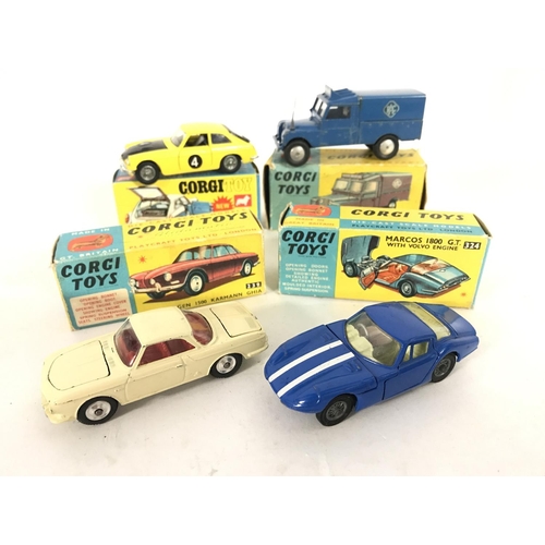 343 - A Boxed Corgi Volkswagen 1500 Karmann Ghia #239. A Boxed Marcos 1800 G.T. #324. A MGB GT #345 and a ... 