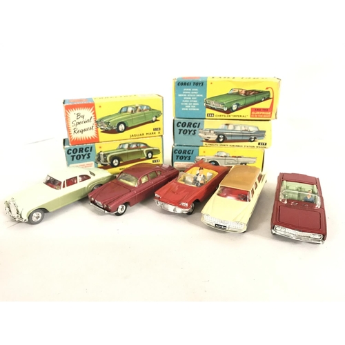 345 - 5 X Boxed Corgi Vehicles. A Jaguar Mark X #238. A Bentley Continental #224. A Chrysler Imperial #246... 