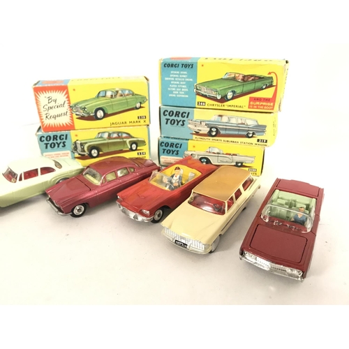 345 - 5 X Boxed Corgi Vehicles. A Jaguar Mark X #238. A Bentley Continental #224. A Chrysler Imperial #246... 