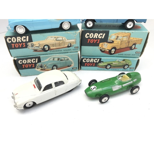 349 - A Boxed Corgi Studebaker Golden Hawk #211. A Land Rover #406. A Jaguar 2.4 Litre Saloon #208 and a V... 