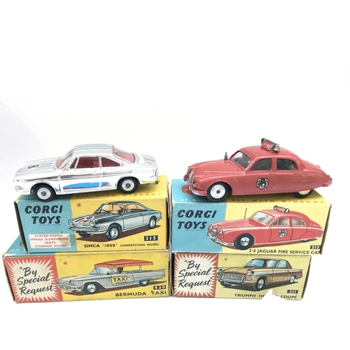 350 - 4 X Boxed Corgi Vehicles. A Simca 1000 #315. A 2.4 Jaguar Fire Service Car #213. A Bermuda Taxi #430... 