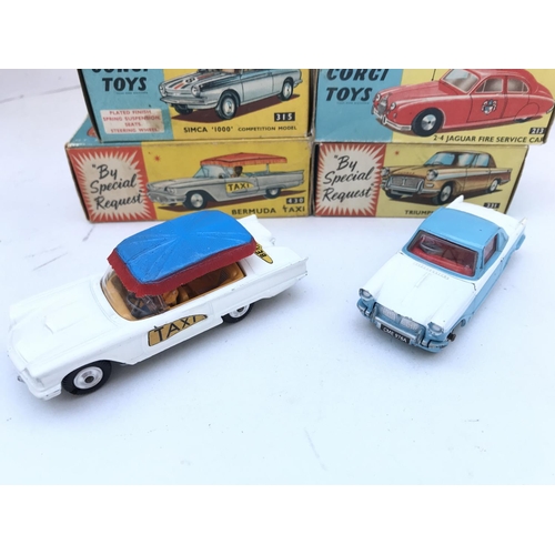 350 - 4 X Boxed Corgi Vehicles. A Simca 1000 #315. A 2.4 Jaguar Fire Service Car #213. A Bermuda Taxi #430... 