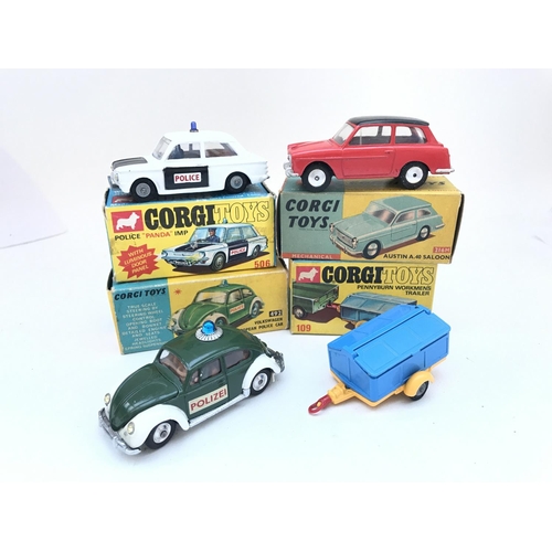 351 - A Boxed Corgi Police Panda IMP 506 an Austin A.40 Saloon #216M A Volkswagen Police Car #492 and a Pe... 