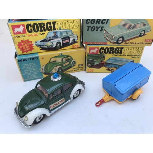 351 - A Boxed Corgi Police Panda IMP 506 an Austin A.40 Saloon #216M A Volkswagen Police Car #492 and a Pe... 