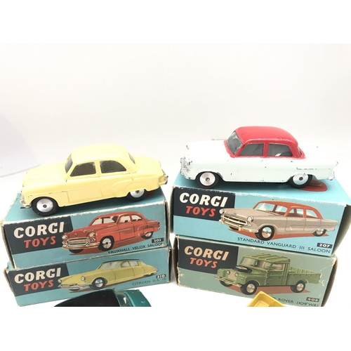 352 - 4 X Boxed Corgi Vehicles.a Vauxhall Velos Saloon #203. A Standard Vanguard III Saloon #207. A CitroÃ... 