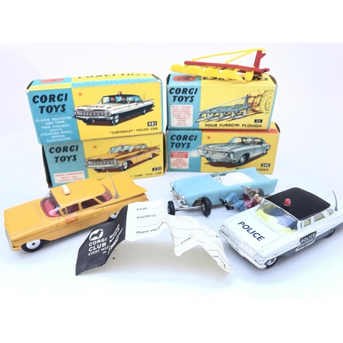 354 - A Boxed Corgi Chevrolet New York Taxi Cab #321. A Chevrolet Police Car #481 (Restored). A Four Furro... 