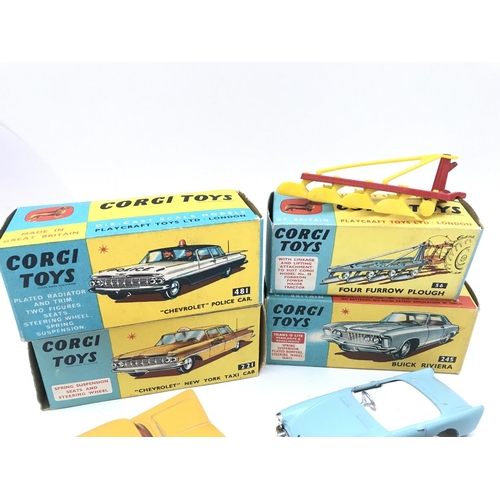 354 - A Boxed Corgi Chevrolet New York Taxi Cab #321. A Chevrolet Police Car #481 (Restored). A Four Furro... 