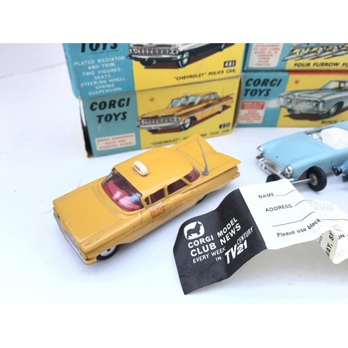 354 - A Boxed Corgi Chevrolet New York Taxi Cab #321. A Chevrolet Police Car #481 (Restored). A Four Furro... 