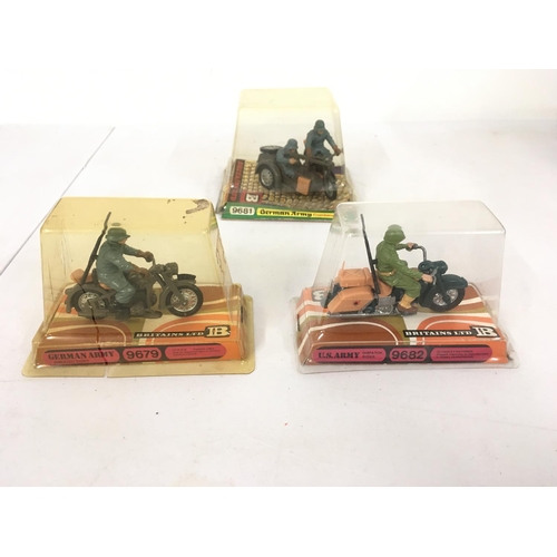 469 - A group of 3 Britains model military motorcycles featuring German and US armies. Features 9679. 9681... 