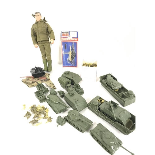 497 - A Carded Vintage Actin Man Small Arms Equipment Centre. A Modern Actin Man and Plastic Airfix Milita... 