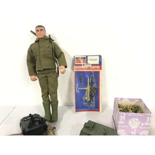 497 - A Carded Vintage Actin Man Small Arms Equipment Centre. A Modern Actin Man and Plastic Airfix Milita... 