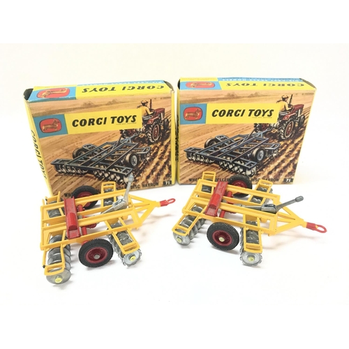 70 - 2 X Boxed Corgi Wheel Controlled Tandem Disc Harrows #71.Damage to 1.