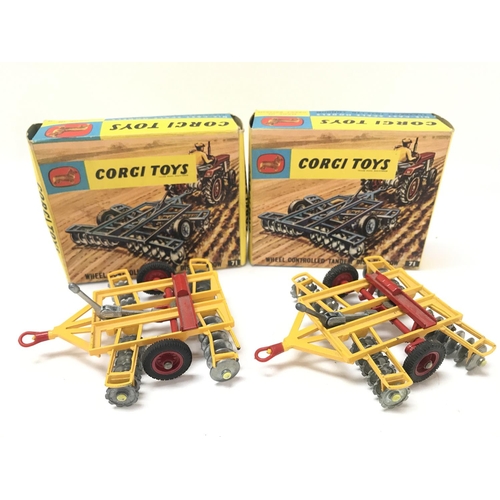 70 - 2 X Boxed Corgi Wheel Controlled Tandem Disc Harrows #71.Damage to 1.