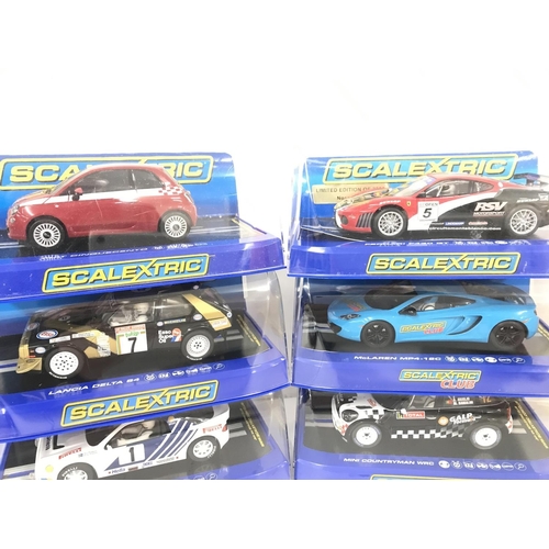 1025 - 6 Boxed Scalextric Cars. A Fiat Cinquecento. A Ferrari F430 GT. A Lancia Delta S4. A McLaren MP4-12c... 