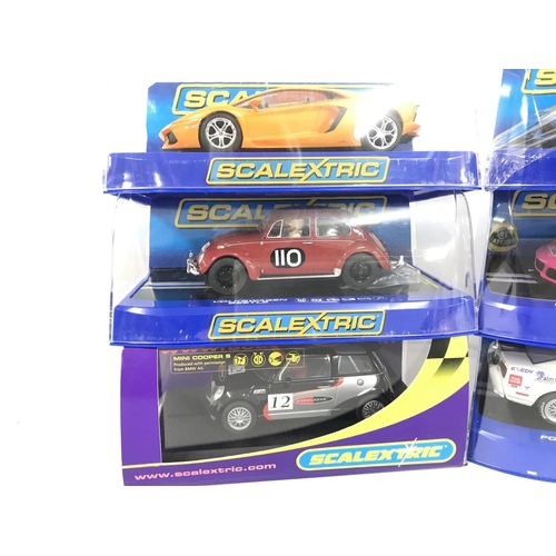 1039 - 6 X Boxed Scalextric Cars.including Lamborghinis. A Ford Mustang. A Volkswagen Beetle and a Mini.