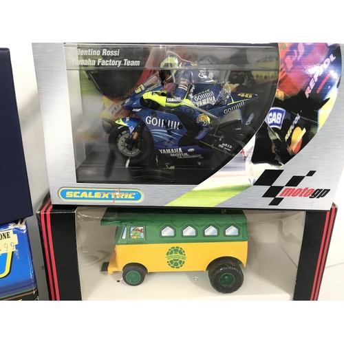 1044 - 5 X Boxed Scalextric Vehicles Including 2 X Turtle Party Wagons. A Valentino Rossi Yamaha. A Legends... 