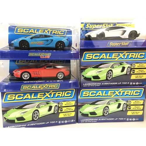 1023 - 6 x Boxed Scalextric Cars. 4 Lamborghini Aventador LP 00-4. A McLaren MP4-12c and a Mercedes-Benz SL... 