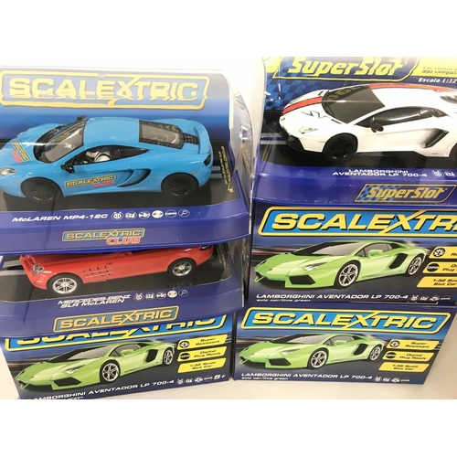 1023 - 6 x Boxed Scalextric Cars. 4 Lamborghini Aventador LP 00-4. A McLaren MP4-12c and a Mercedes-Benz SL... 