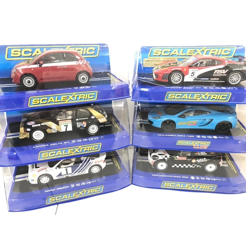 1025 - 6 Boxed Scalextric Cars. A Fiat Cinquecento. A Ferrari F430 GT. A Lancia Delta S4. A McLaren MP4-12c... 