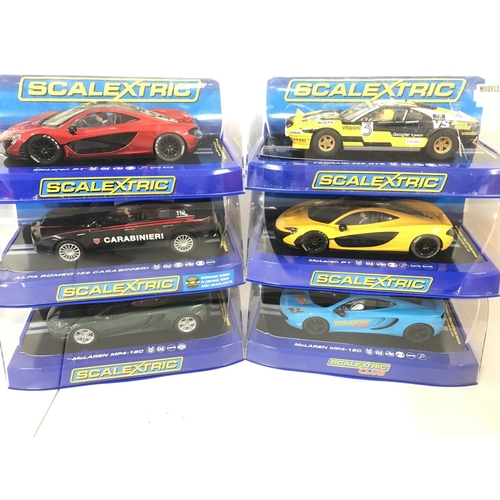 1029 - 6 Boxed Scalextric Cars. 2 X McLaren MP4-12C. A Alfa Romeo 159 Carabinieri. 2 X McLaren P1. And a Fe... 