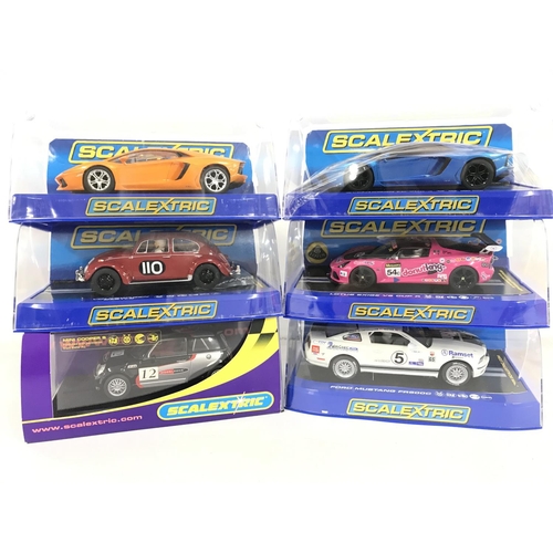 1039 - 6 X Boxed Scalextric Cars.including Lamborghinis. A Ford Mustang. A Volkswagen Beetle and a Mini.