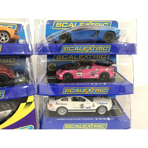 1039 - 6 X Boxed Scalextric Cars.including Lamborghinis. A Ford Mustang. A Volkswagen Beetle and a Mini.