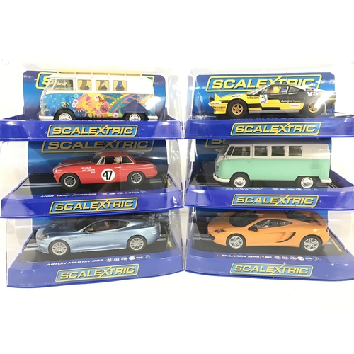 1040 - 6 Boxed Scalextric Cars. Including 2 X Volkswagen Camper Vans. A Aston Martin DBS. A MG 1964 Searing... 