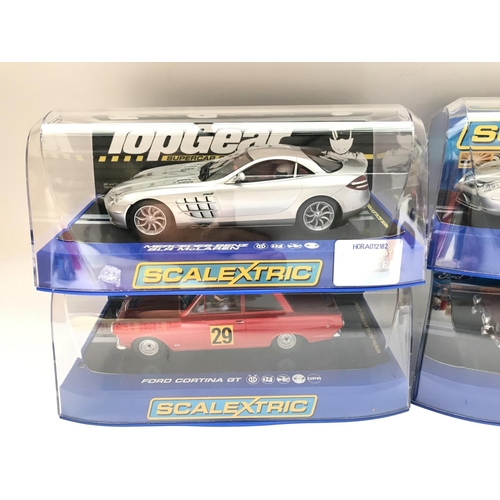 922 - 4 Boxed Scalextric Cars including A Ford Cortina. Ford Escort. A Mercedes-Benz SLR McLaren and a Mer... 