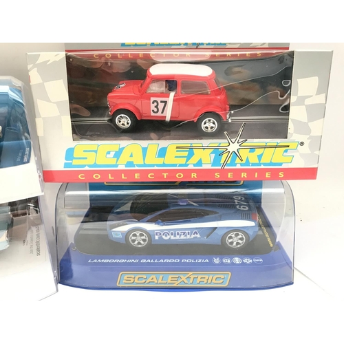 955 - 4 X Boxed Scalextric Cars. A McLaren 720s Police Car. A Harry Potter Ford Anglia 105E. A Mini Cooper... 