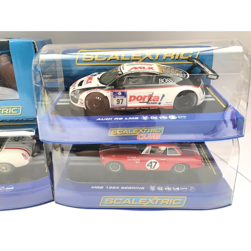 980 - 4 Boxed Scalextric Cars including 2 MGB 1964 Sebring. An Audi R8 LMS and a Monster Truck Predator.