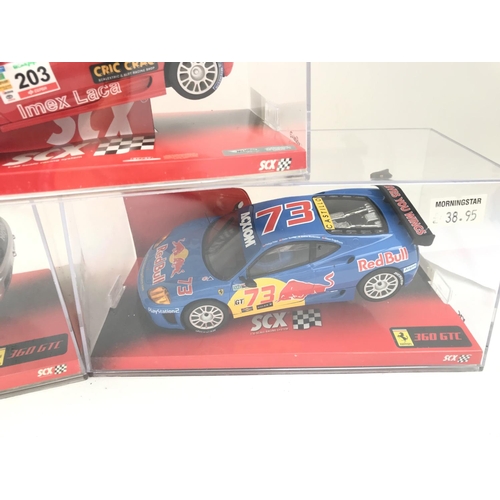 992 - 3 X Boxed SCX Slot Racing Cars. 2 X Ferrari 360 GTC Cars and a Ferrari Mondena GTC.