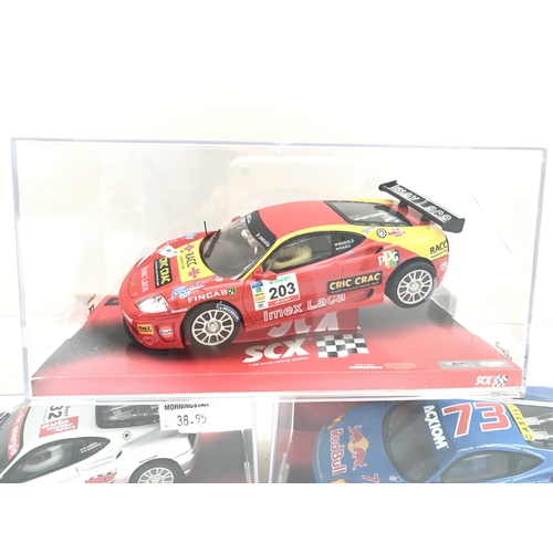 992 - 3 X Boxed SCX Slot Racing Cars. 2 X Ferrari 360 GTC Cars and a Ferrari Mondena GTC.