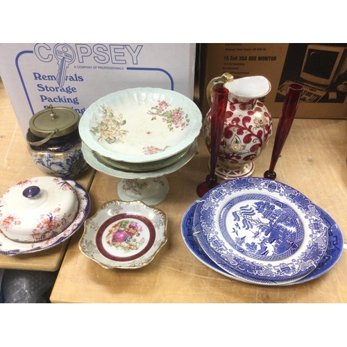 1019 - A box of various ceramics including plates, comport etc. Shipping category D.