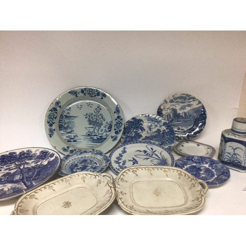 1036 - An 18th century delft plate minor chips width to the edge 35cm diameter and a collection of other bl... 