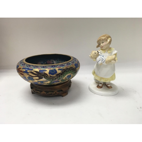 1048 - A cloisonnÃ© bowl with stand and a royal Doulton figure. NO RESERVE