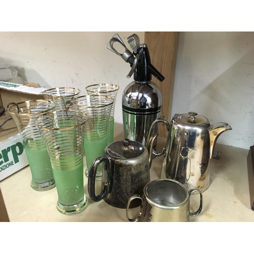 1063 - A collection of silver plated ware together with a soda syphon and five lemonade glasses