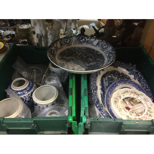 1113 - Two boxes of mainly blue and white ceramics. Shipping category D.