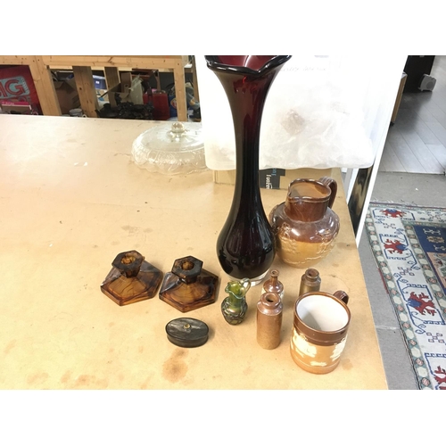 1114 - Some royal Doulton harvest wear along with glass items including candle stick holders.