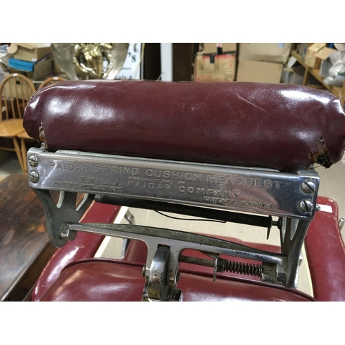 1206 - A Quality and rare Vintage 1930s Professional American barbers chair with a deep red upholstery and ... 