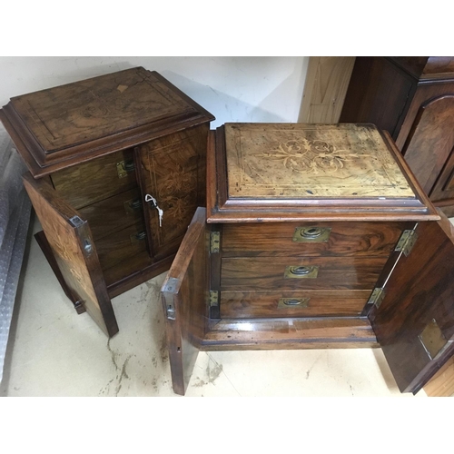 1321 - A pair of walnut small collectors cabinets with a pair of inlaid doors enclosing three drawers