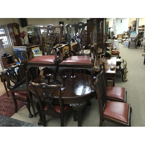 1359 - A set of 6 mahogany dining chairs two carvers and table. 140 x 110 cm