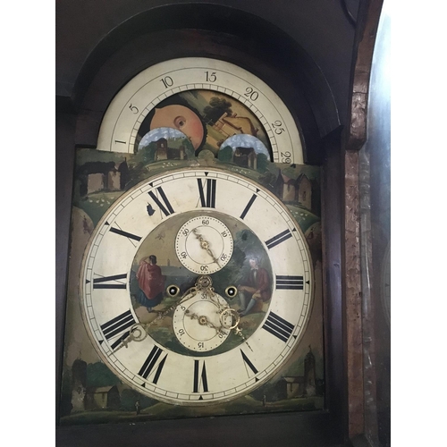 1364 - A Victorian mahogany long case clock the Arched painted dial with moon roller second subsidiarie dia... 