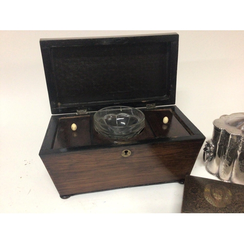 1377 - A Rosewood William IV tea caddy with a fitted interior a silver plated biscuit barrel and an Indian ... 