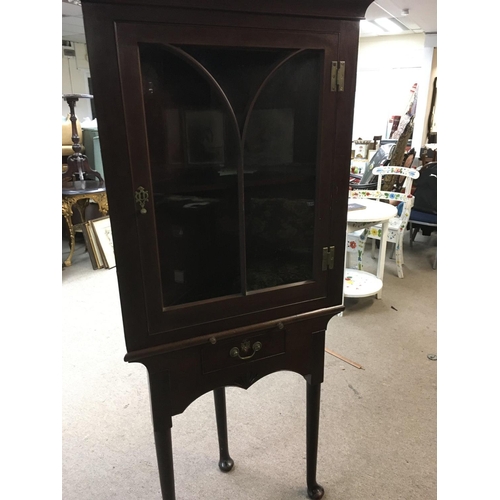 1387 - A Mahogany corner cabinet with single drawer on cabriole legs and pad feet .