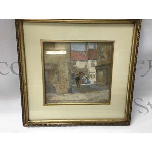 1503 - A framed watercolour by Jessie Hay of a street scene. 30x29cm Postage D