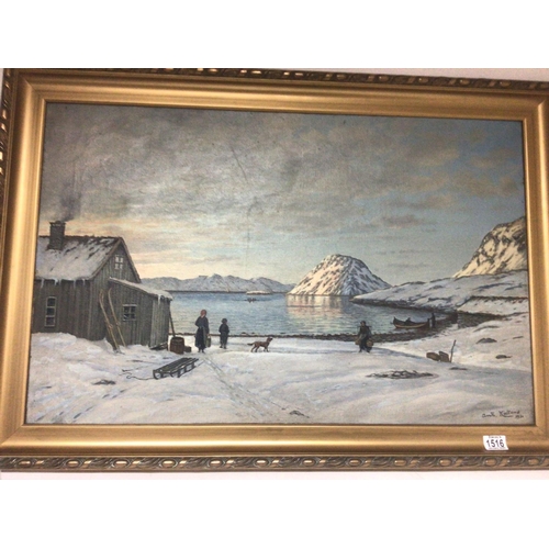 1516 - A framed oil painting on canvas a Rustic view of the Norwegian fiords with figures by a cottage sign... 