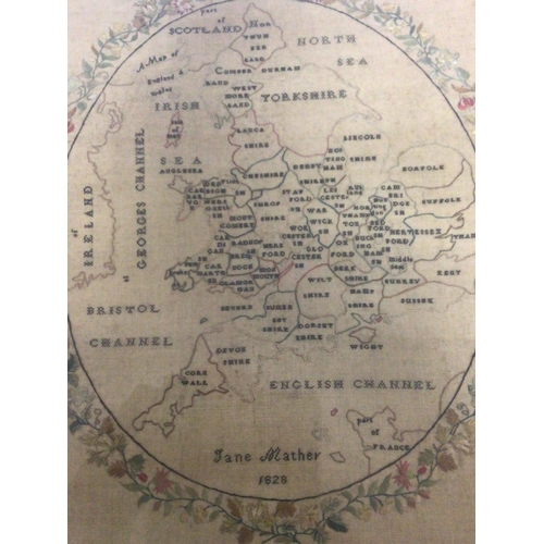 1517 - A framed early 19th century needlework sampler a map of the counties of England by Jane Mather 1828.... 