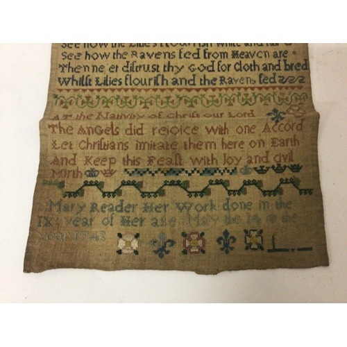 1518 - A mid 18th century needlework sampler dated 1743 by Mary Reader aged 14 the detailed needlepoint wit... 
