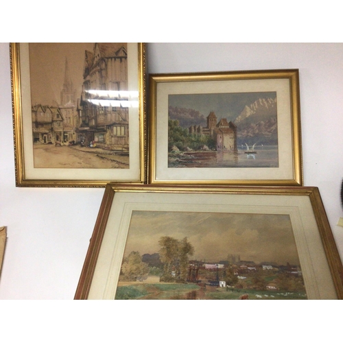 1519 - Three framed watercolours a continental view an early 19th century view of a British street scene an... 